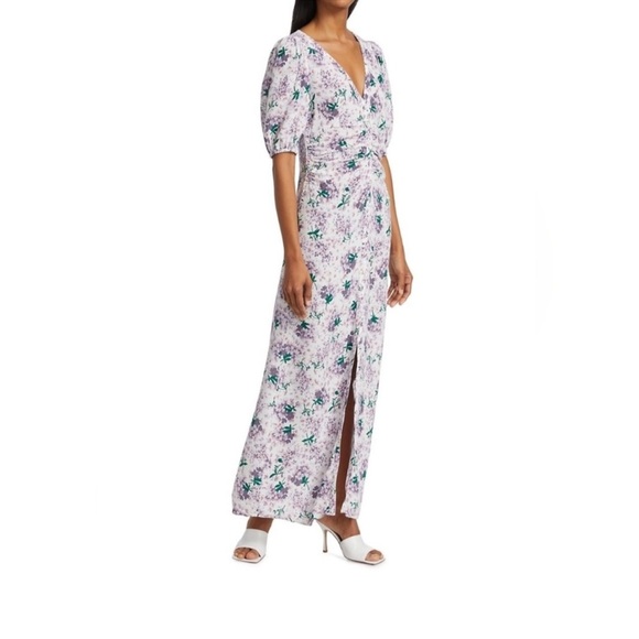 byTiMo Purple Floral Puff Sleeve Ruched Button Down Dress Size Small NWT